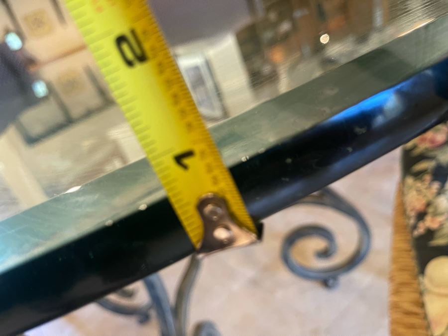 Wrought Iron 5' Round Dining Table With Glass Top And Six Rush Seat Dining Chairs 1' Thick Glass X 31'H [Photo 15]