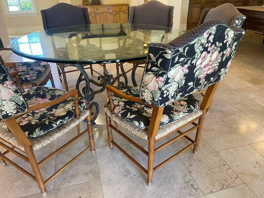 Wrought Iron 5' Round Dining Table With Glass Top And Six Rush Seat Dining Chairs 1' Thick Glass X 31'H [Photo 7]