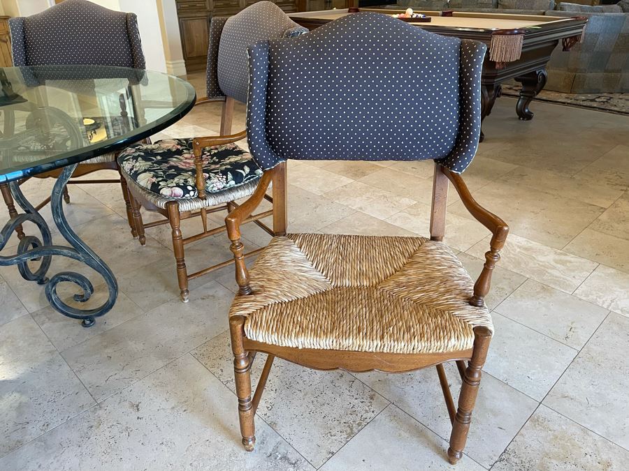 Wrought Iron 5' Round Dining Table With Glass Top And Six Rush Seat Dining Chairs 1' Thick Glass X 31'H [Photo 11]