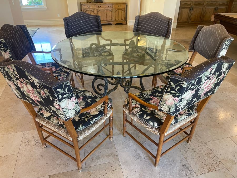Wrought Iron 5' Round Dining Table With Glass Top And Six Rush Seat Dining Chairs 1' Thick Glass X 31'H [Photo 3]