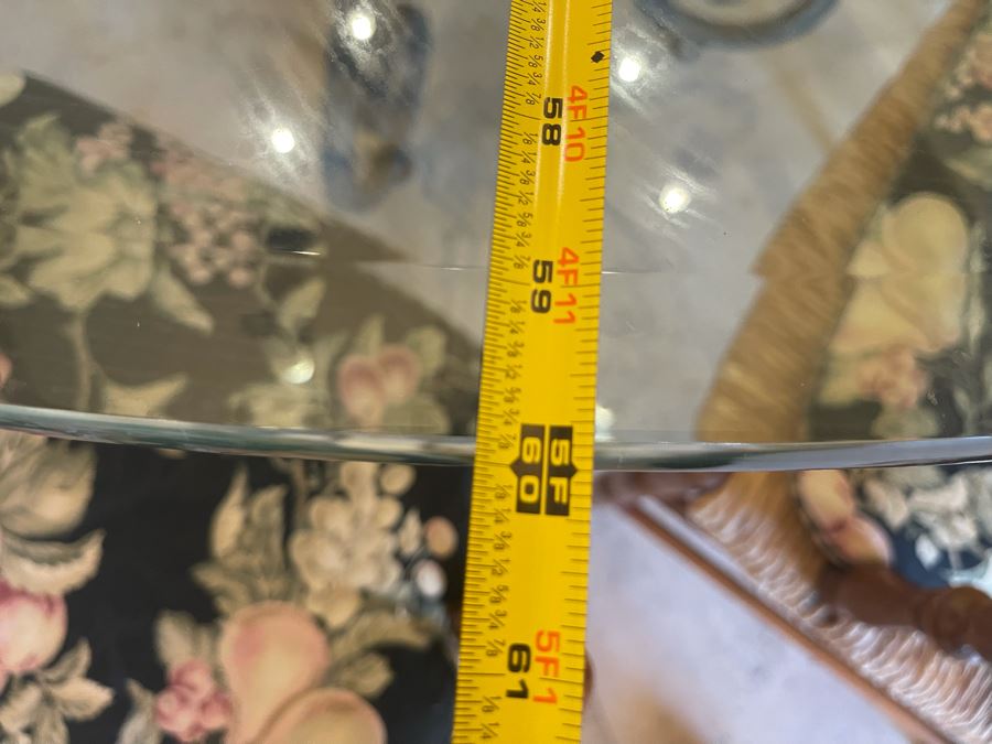 Wrought Iron 5' Round Dining Table With Glass Top And Six Rush Seat Dining Chairs 1' Thick Glass X 31'H [Photo 13]