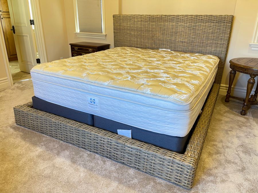 Woven Wicker Cal King Platform Bed With Sealy Posturepedic Mattress And