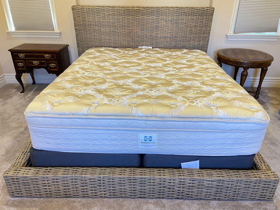 Woven Wicker Cal King Platform Bed With Sealy Posturepedic Mattress And Boxspring [Photo 1]