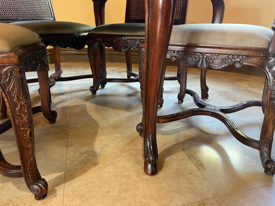 Stunning Henredon Furniture Wooden Parquetry Gaming Table 3'6'W With Four Henredon Wooden Cane Back Chairs [Photo 16]