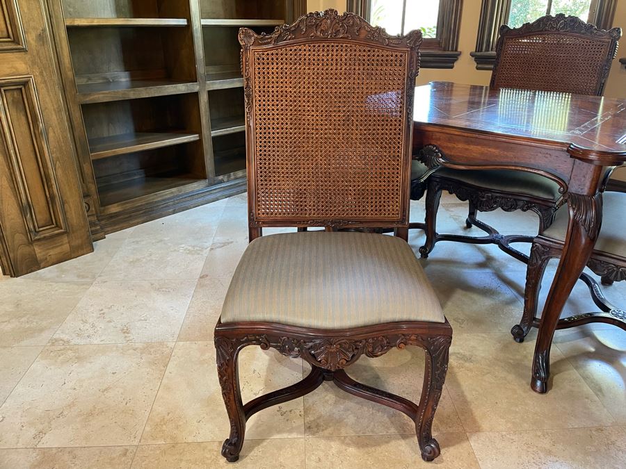 Stunning Henredon Furniture Wooden Parquetry Gaming Table 3'6'W With Four Henredon Wooden Cane Back Chairs [Photo 18]