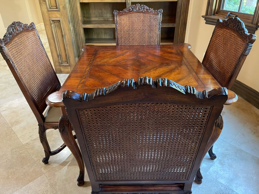 Stunning Henredon Furniture Wooden Parquetry Gaming Table 3'6'W With Four Henredon Wooden Cane Back Chairs [Photo 8]