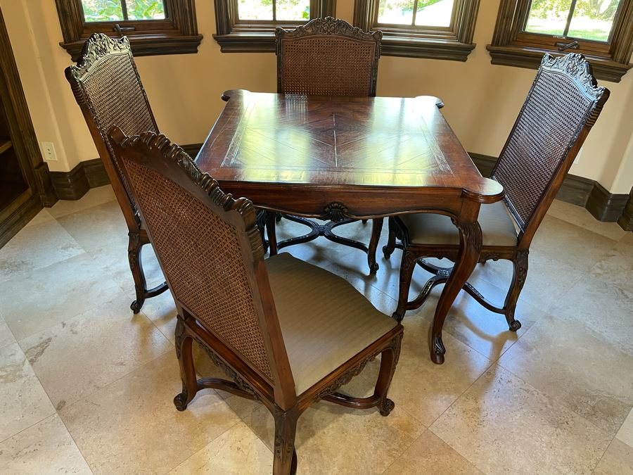 Stunning Henredon Furniture Wooden Parquetry Gaming Table 3'6'W With Four Henredon Wooden Cane Back Chairs [Photo 13]