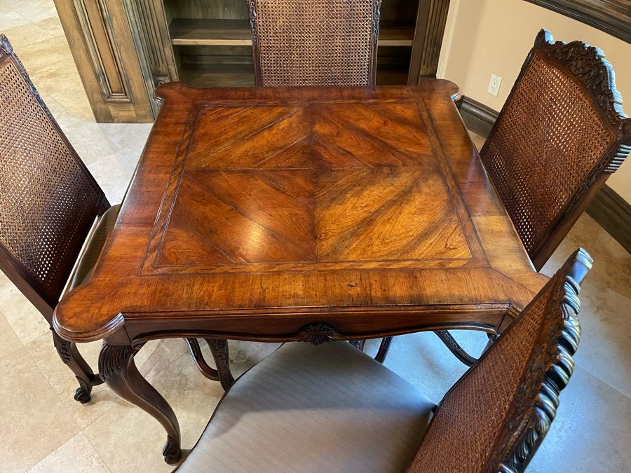 Stunning Henredon Furniture Wooden Parquetry Gaming Table 3'6'W With Four Henredon Wooden Cane Back Chairs [Photo 10]