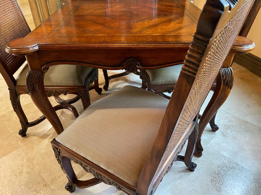Stunning Henredon Furniture Wooden Parquetry Gaming Table 3'6'W With Four Henredon Wooden Cane Back Chairs [Photo 21]
