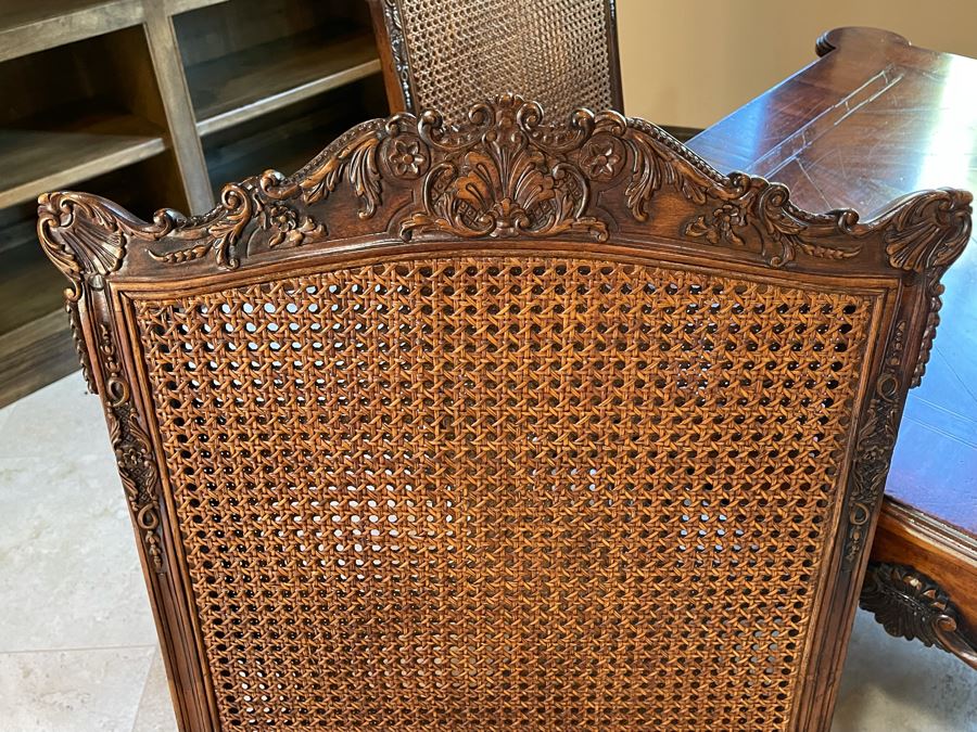 Stunning Henredon Furniture Wooden Parquetry Gaming Table 3'6'W With Four Henredon Wooden Cane Back Chairs [Photo 20]