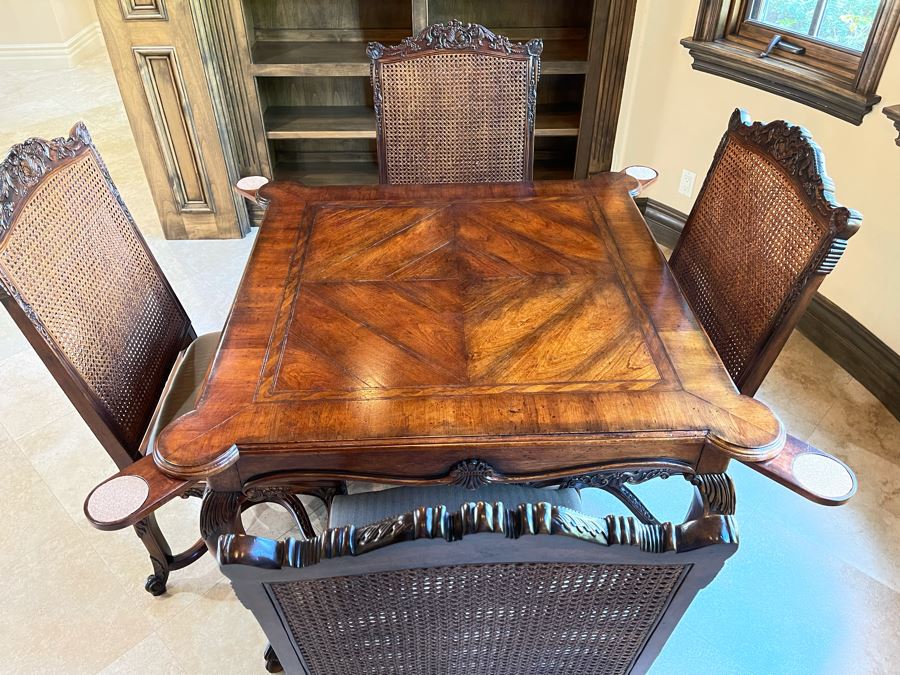 Stunning Henredon Furniture Wooden Parquetry Gaming Table 3'6'W With Four Henredon Wooden Cane Back Chairs [Photo 3]