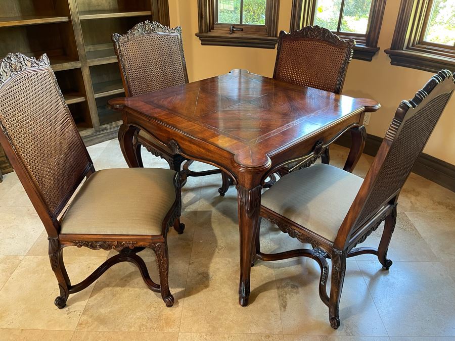 Stunning Henredon Furniture Wooden Parquetry Gaming Table 3'6'W With Four Henredon Wooden Cane Back Chairs [Photo 12]