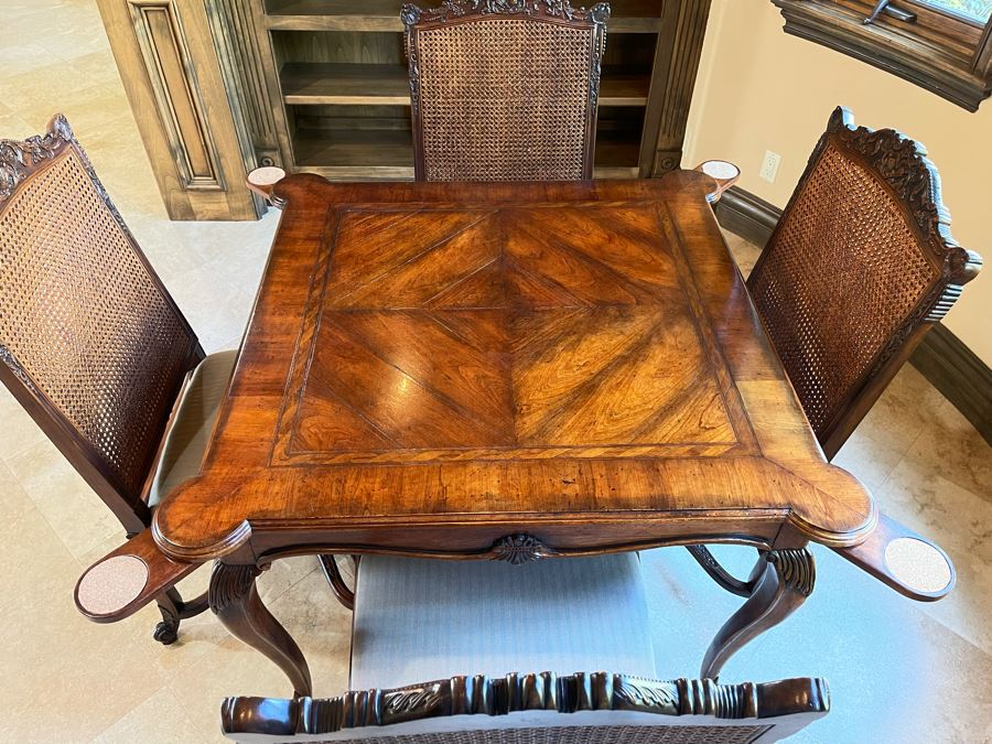 Stunning Henredon Furniture Wooden Parquetry Gaming Table 3'6'W With Four Henredon Wooden Cane Back Chairs [Photo 4]