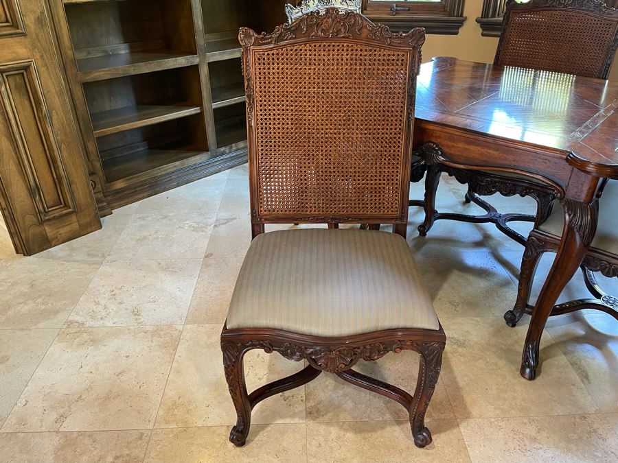 Stunning Henredon Furniture Wooden Parquetry Gaming Table 3'6'W With Four Henredon Wooden Cane Back Chairs [Photo 17]