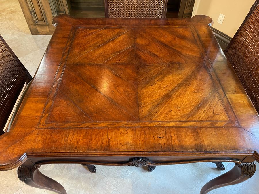 Stunning Henredon Furniture Wooden Parquetry Gaming Table 3'6'W With Four Henredon Wooden Cane Back Chairs [Photo 5]