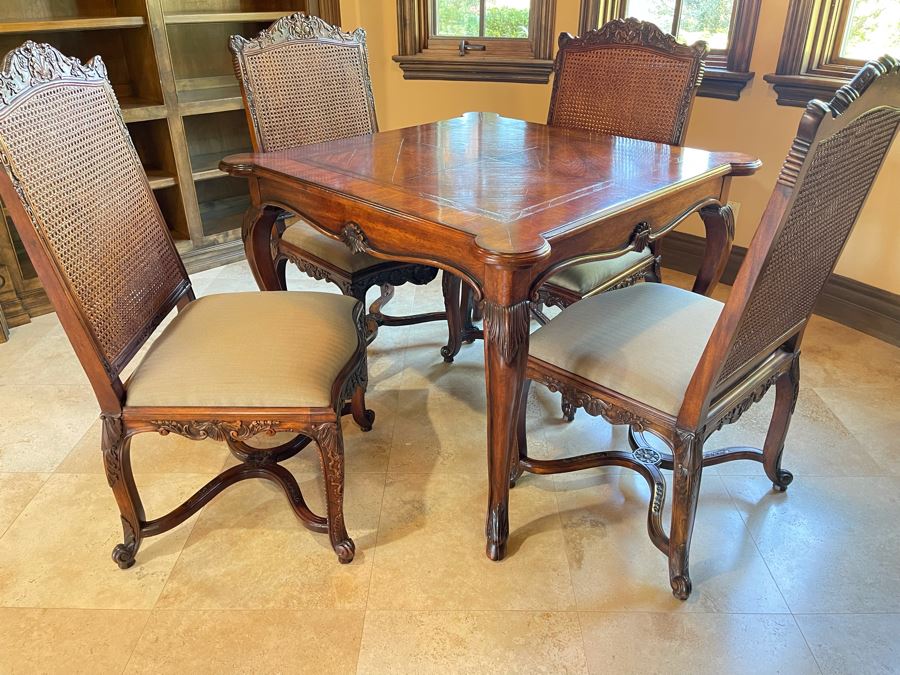 Stunning Henredon Furniture Wooden Parquetry Gaming Table 3'6'W With Four Henredon Wooden Cane Back Chairs [Photo 11]