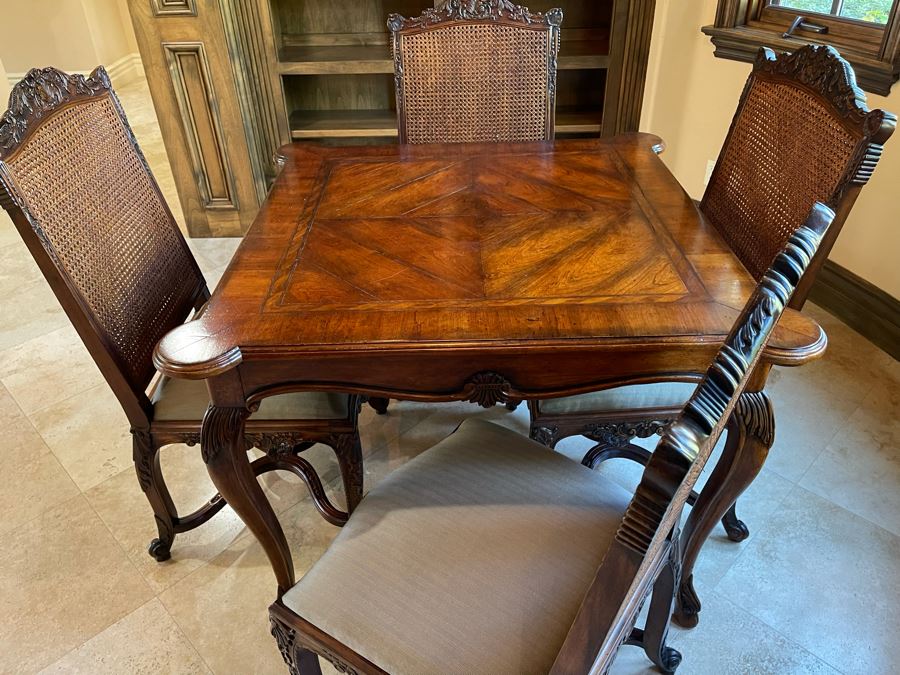 Stunning Henredon Furniture Wooden Parquetry Gaming Table 3'6'W With Four Henredon Wooden Cane Back Chairs [Photo 9]