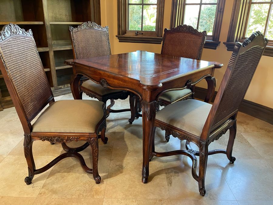 Stunning Henredon Furniture Wooden Parquetry Gaming Table 3'6'W With Four Henredon Wooden Cane Back Chairs [Photo 15]