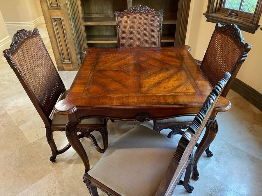 Stunning Henredon Furniture Wooden Parquetry Gaming Table 3'6'W With Four Henredon Wooden Cane Back Chairs [Photo 6]