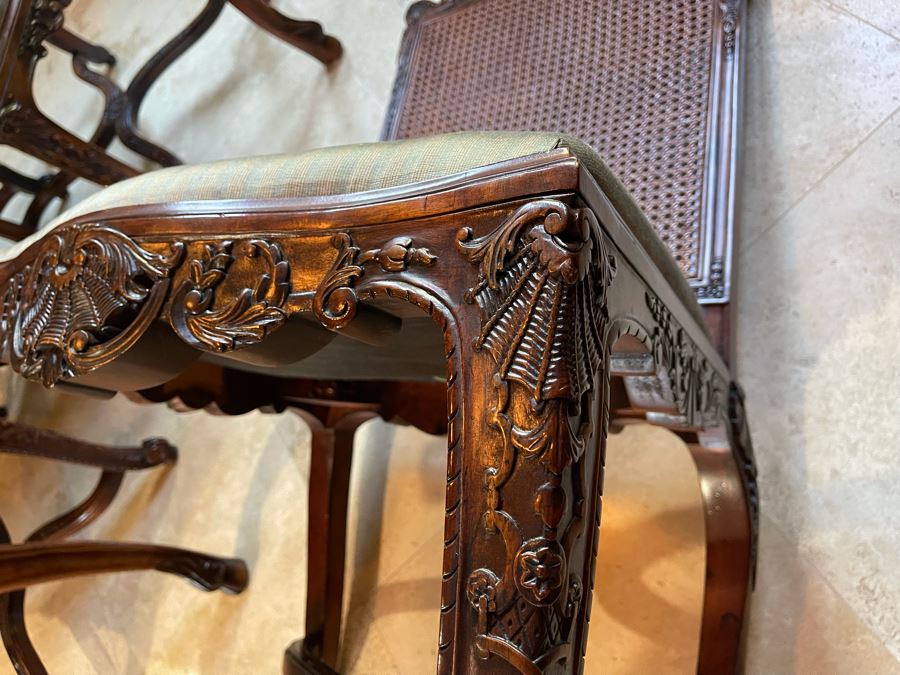 Stunning Henredon Furniture Wooden Parquetry Gaming Table 3'6'W With Four Henredon Wooden Cane Back Chairs [Photo 25]