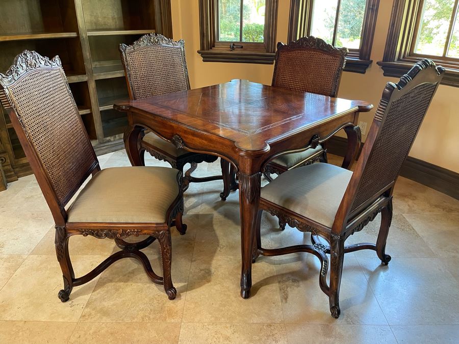 Stunning Henredon Furniture Wooden Parquetry Gaming Table 3'6'W With Four Henredon Wooden Cane Back Chairs [Photo 14]