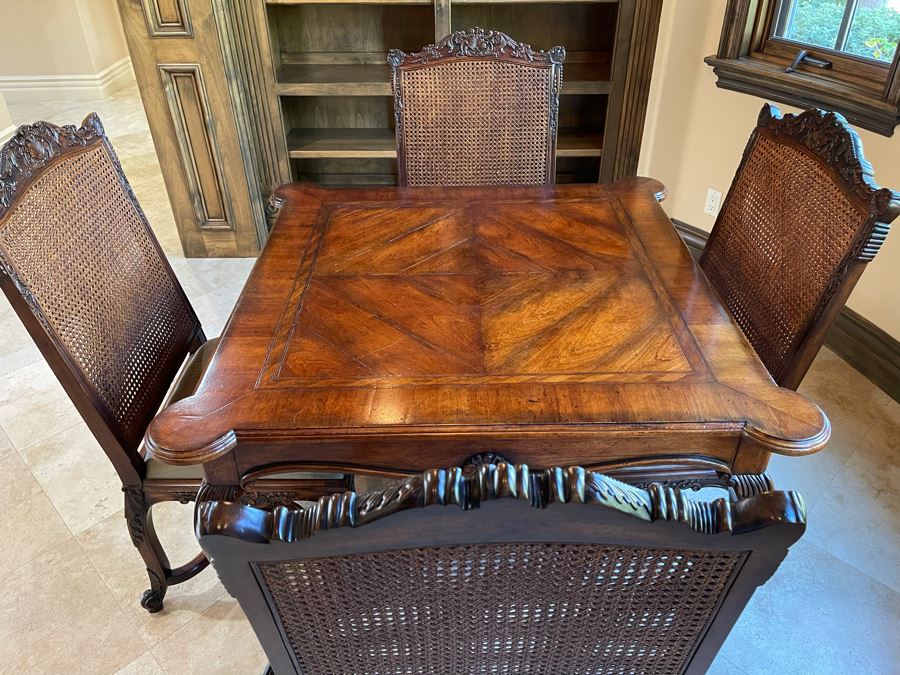 Stunning Henredon Furniture Wooden Parquetry Gaming Table 3'6'W With Four Henredon Wooden Cane Back Chairs [Photo 7]