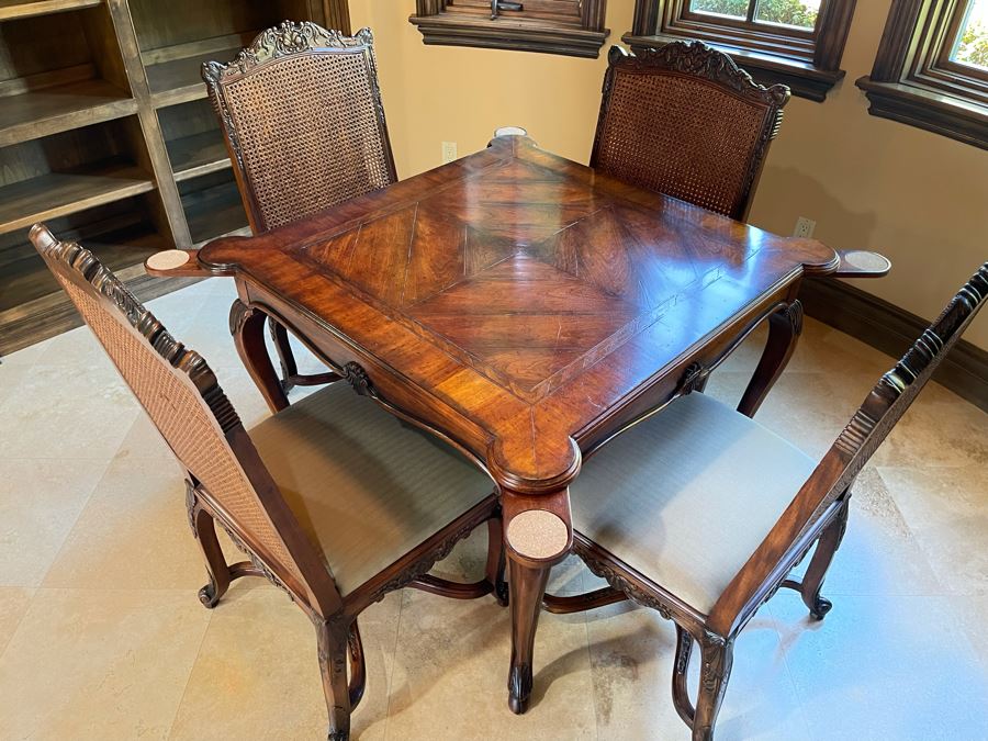Stunning Henredon Furniture Wooden Parquetry Gaming Table 3'6'W With Four Henredon Wooden Cane Back Chairs [Photo 2]