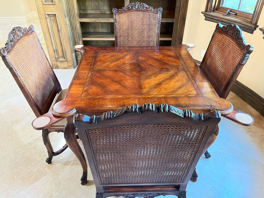 Stunning Henredon Furniture Wooden Parquetry Gaming Table 3'6'W With Four Henredon Wooden Cane Back Chairs
