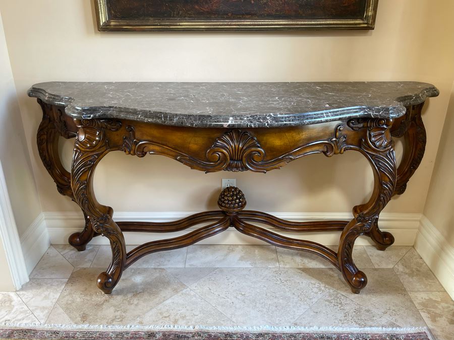 Wooden Entry Console Table With Faux Marble Top 68W X 21D X 34H [Photo 2]