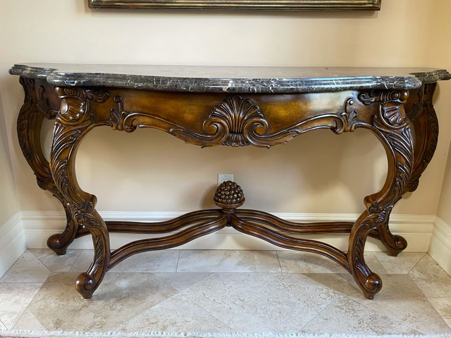 Wooden Entry Console Table With Faux Marble Top 68W X 21D X 34H [Photo 3]