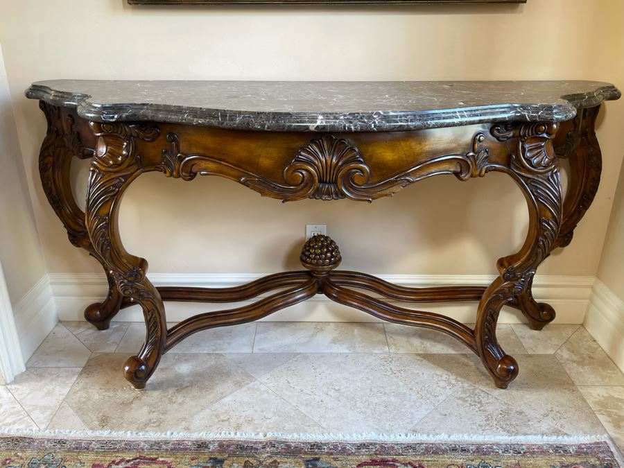Wooden Entry Console Table With Faux Marble Top 68W X 21D X 34H [Photo 1]