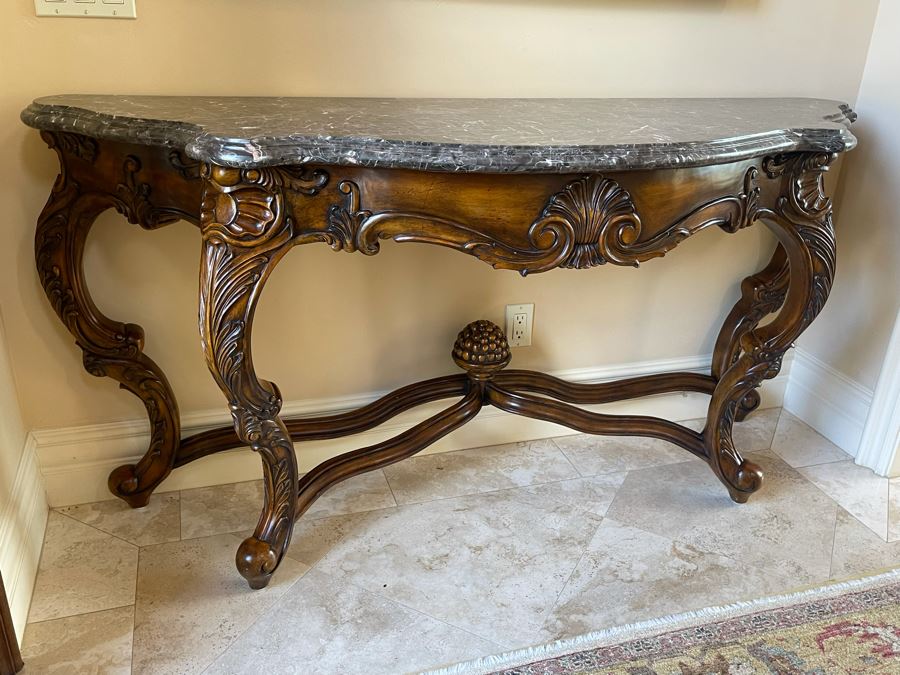 Wooden Entry Console Table With Faux Marble Top 68W X 21D X 34H [Photo 4]