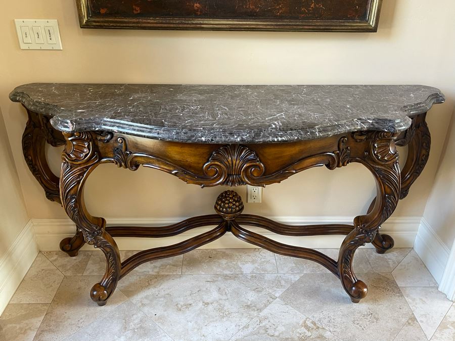 Wooden Entry Console Table With Faux Marble Top 68W X 21D X 34H [Photo 3]