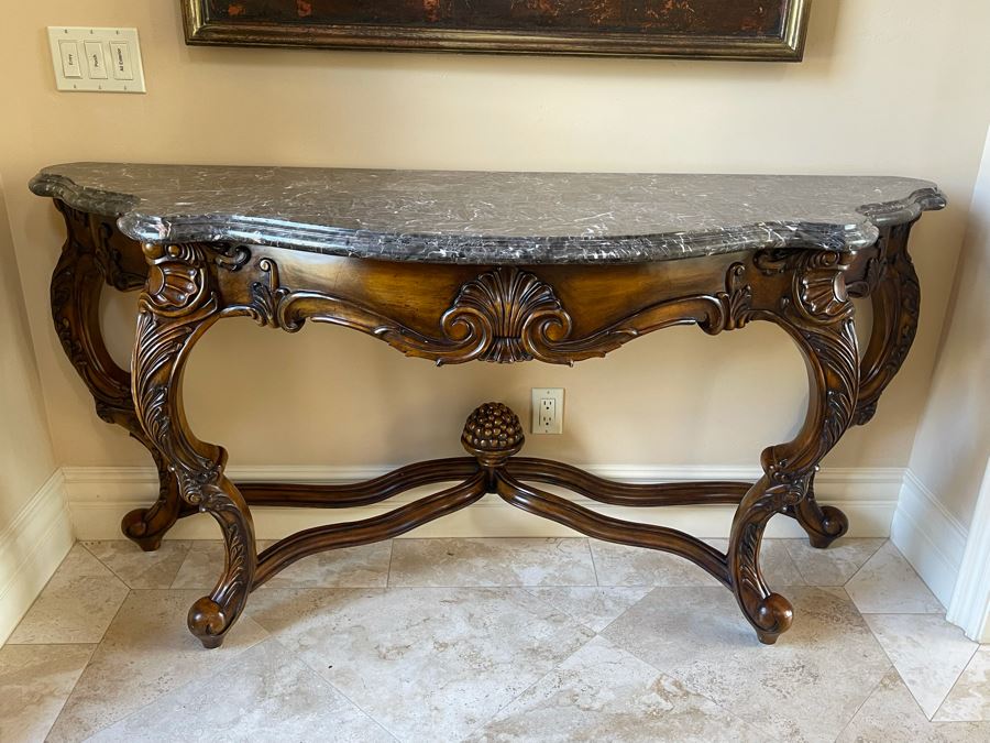 Wooden Entry Console Table With Faux Marble Top 68W X 21D X 34H [Photo 2]