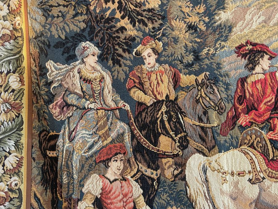Large Tapestry 'The Royal Hunt' After C. Detti 8'6' X 5'2' Includes Three Ornamental Accent Pieces Above Tapestry [Photo 8]