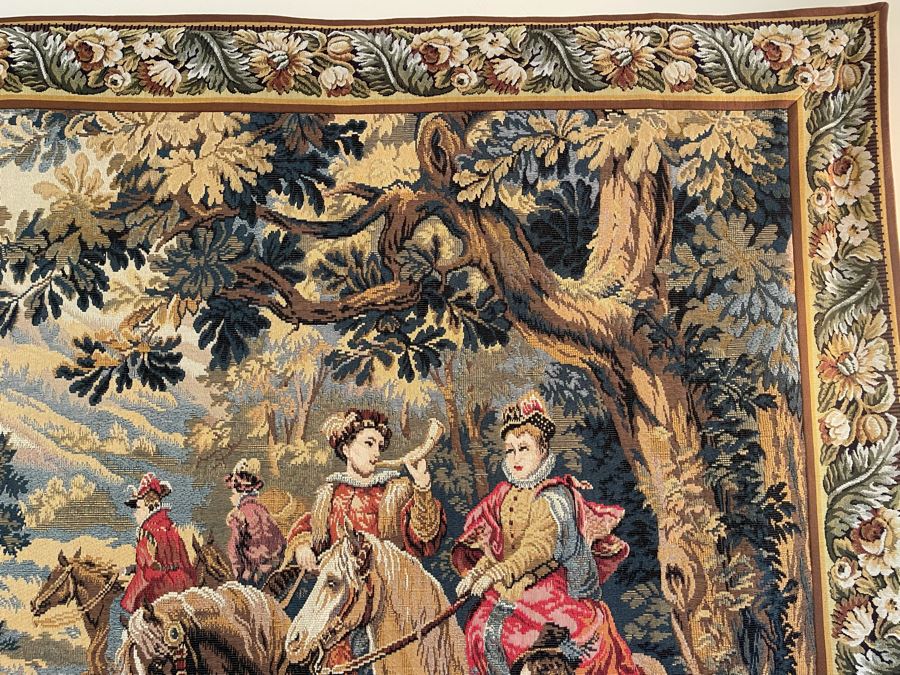 Large Tapestry 'The Royal Hunt' After C. Detti 8'6' X 5'2' Includes Three Ornamental Accent Pieces Above Tapestry [Photo 13]