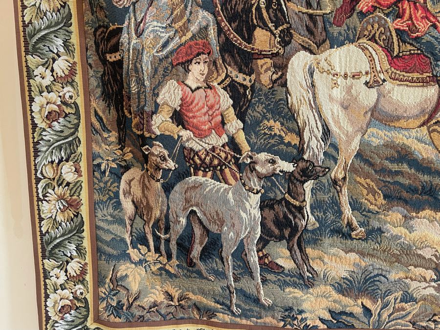 Large Tapestry 'The Royal Hunt' After C. Detti 8'6' X 5'2' Includes Three Ornamental Accent Pieces Above Tapestry [Photo 5]