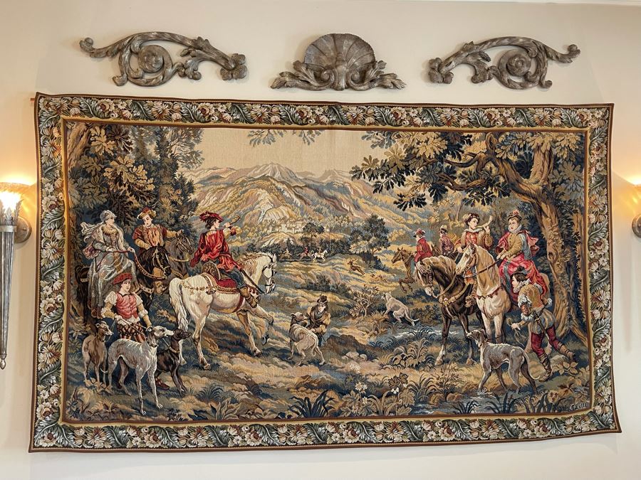 Large Tapestry 'The Royal Hunt' After C. Detti 8'6' X 5'2' Includes Three Ornamental Accent Pieces Above Tapestry [Photo 3]