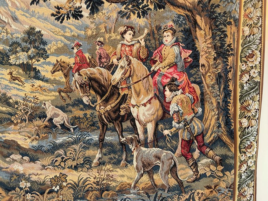 Large Tapestry 'The Royal Hunt' After C. Detti 8'6' X 5'2' Includes Three Ornamental Accent Pieces Above Tapestry [Photo 10]