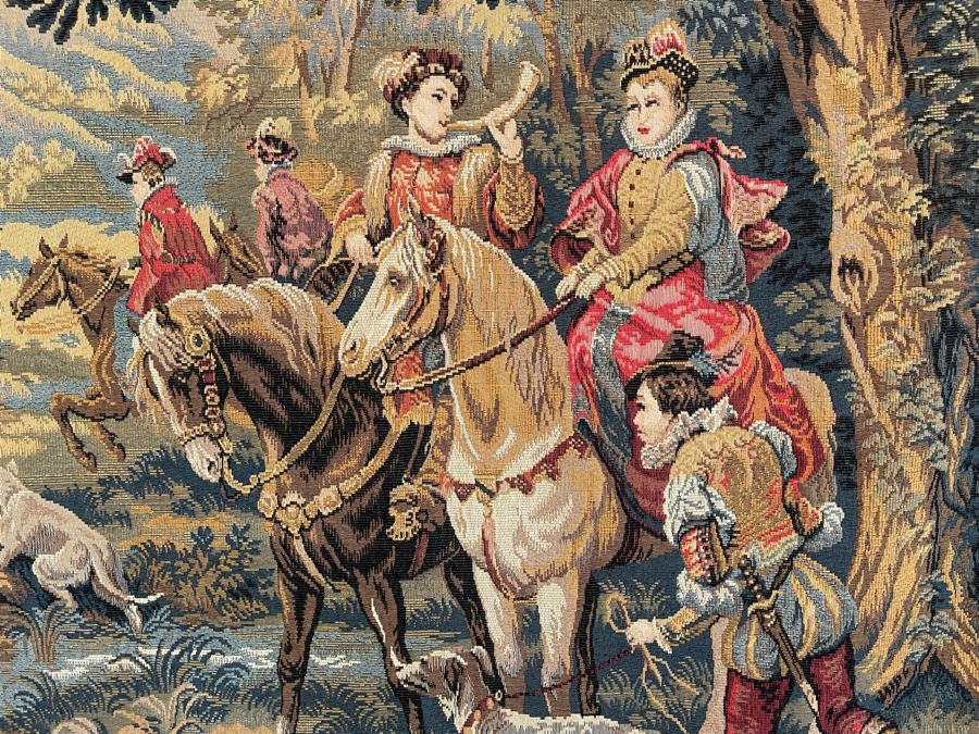 Large Tapestry 'The Royal Hunt' After C. Detti 8'6' X 5'2' Includes Three Ornamental Accent Pieces Above Tapestry [Photo 12]