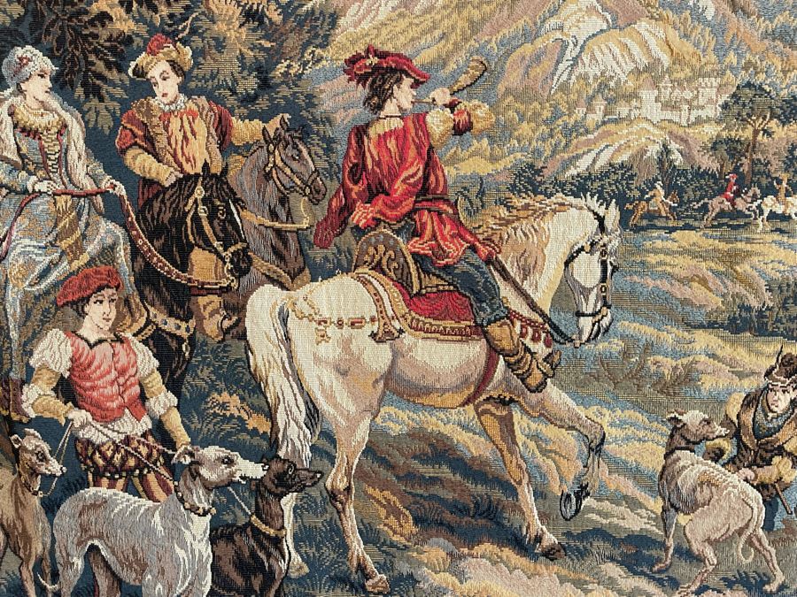 Large Tapestry 'The Royal Hunt' After C. Detti 8'6' X 5'2' Includes Three Ornamental Accent Pieces Above Tapestry [Photo 6]