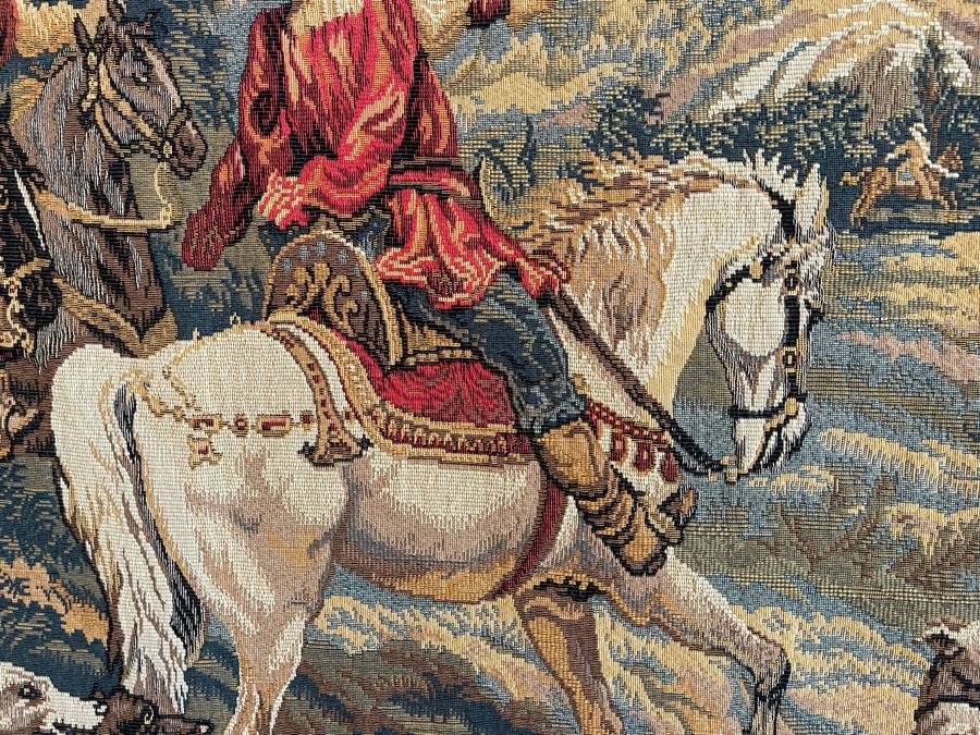 Large Tapestry 'The Royal Hunt' After C. Detti 8'6' X 5'2' Includes Three Ornamental Accent Pieces Above Tapestry [Photo 7]