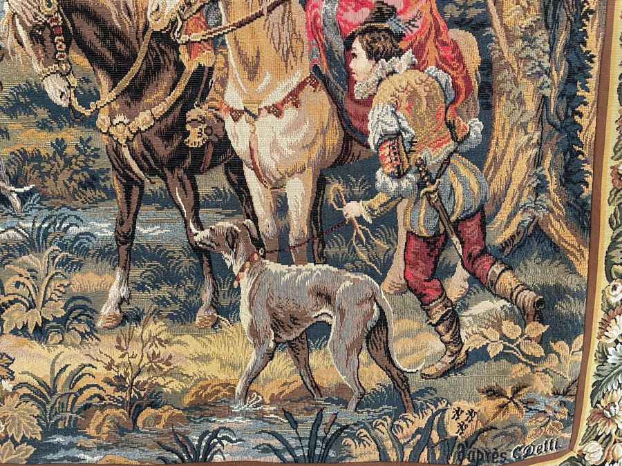 Large Tapestry 'The Royal Hunt' After C. Detti 8'6' X 5'2' Includes Three Ornamental Accent Pieces Above Tapestry [Photo 11]