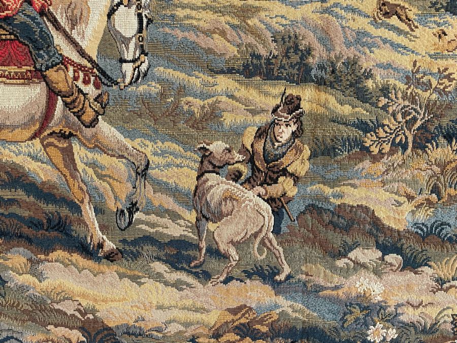 Large Tapestry 'The Royal Hunt' After C. Detti 8'6' X 5'2' Includes Three Ornamental Accent Pieces Above Tapestry [Photo 9]