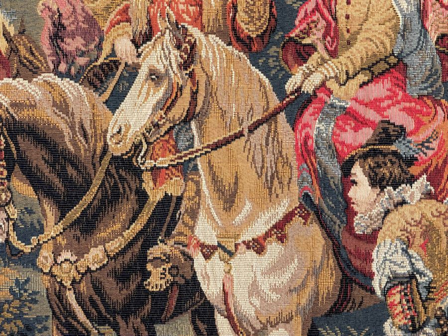 Large Tapestry 'The Royal Hunt' After C. Detti 8'6' X 5'2' Includes Three Ornamental Accent Pieces Above Tapestry [Photo 21]