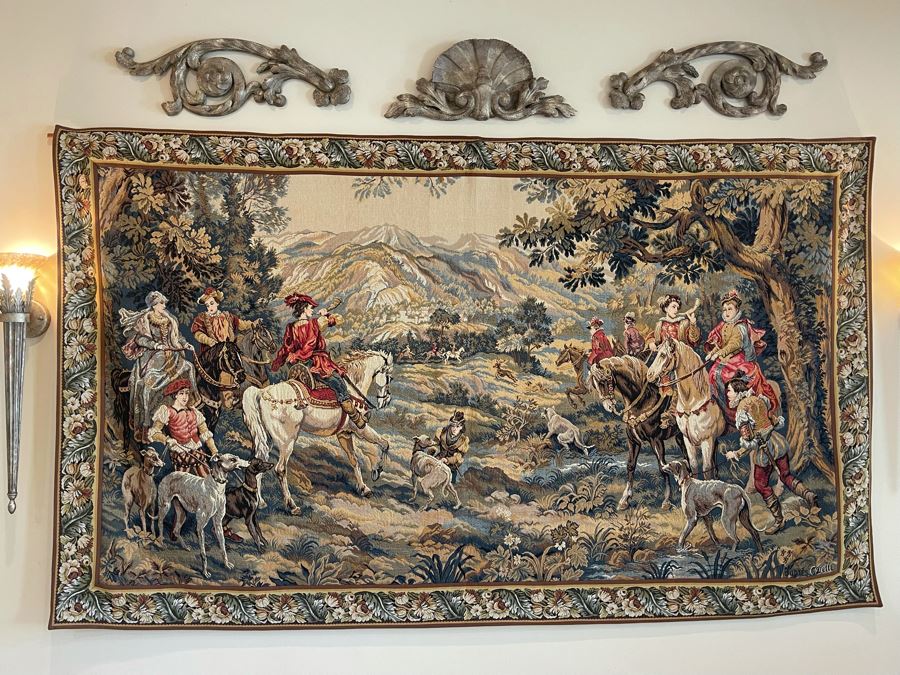Large Tapestry 'The Royal Hunt' After C. Detti 8'6' X 5'2' Includes Three Ornamental Accent Pieces Above Tapestry [Photo 1]