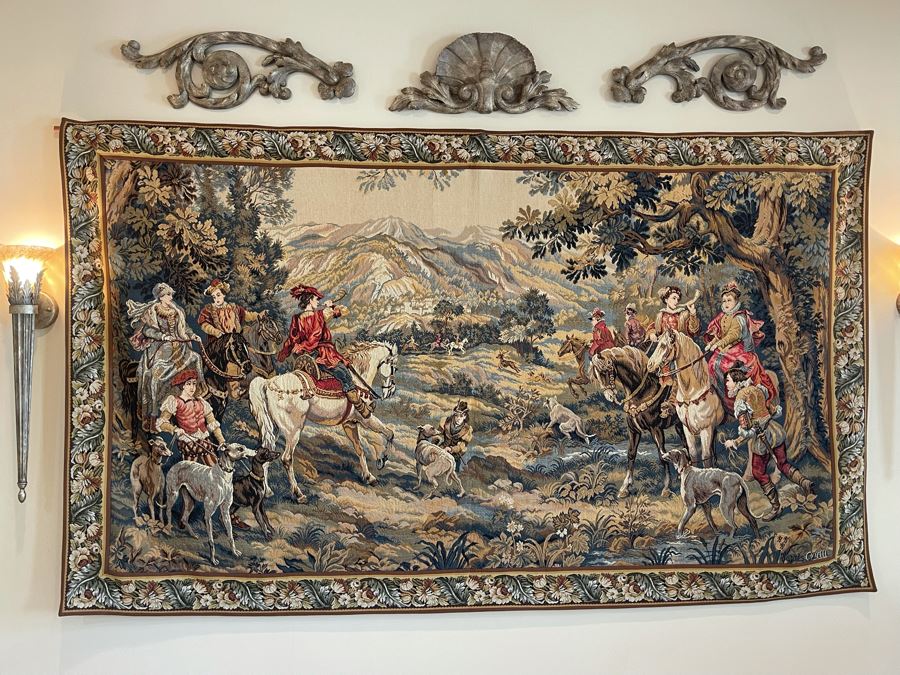 Large Tapestry 'The Royal Hunt' After C. Detti 8'6' X 5'2' Includes Three Ornamental Accent Pieces Above Tapestry [Photo 4]