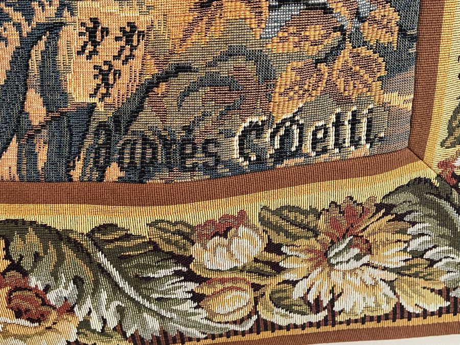 Large Tapestry 'The Royal Hunt' After C. Detti 8'6' X 5'2' Includes Three Ornamental Accent Pieces Above Tapestry [Photo 22]