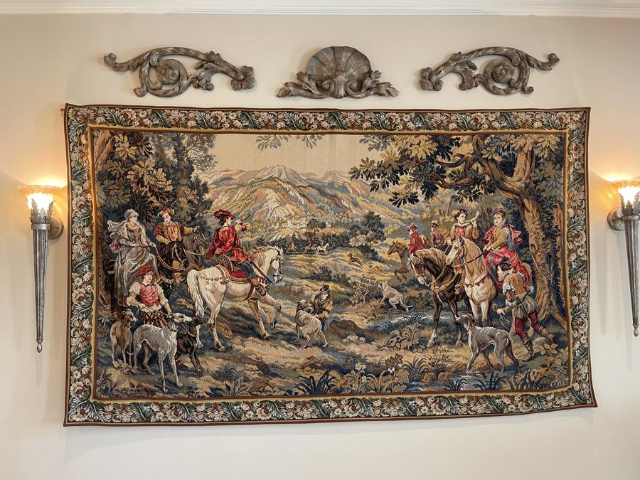 Large Tapestry 'The Royal Hunt' After C. Detti 8'6' X 5'2' Includes Three Ornamental Accent Pieces Above Tapestry [Photo 2]
