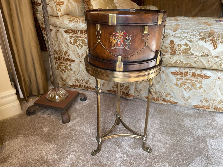 Althorp Mahogany And Brass Mounted Drum Shaped Box With Hand Painted Spencer Family Crest 12.75W X 12.75D X 25.5H [Photo 5]